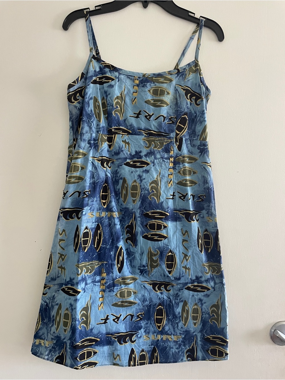 Y2K Made in Hawaii Surf Print Mini Dress XS Blue Spaghetti Strap 100% Cotton